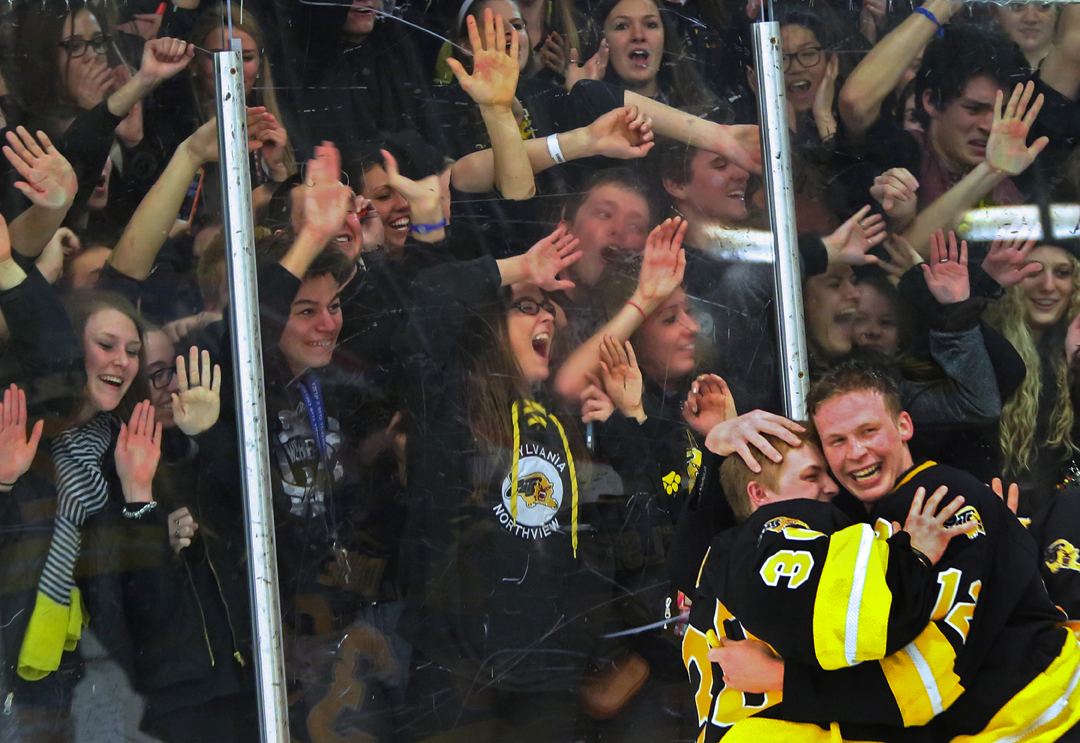  Northview's goalie Preston Due (30) embraces his teammate Cody Estrel (12) as their student section goes wild after the team clinched the Saturday, March 1, 2014, district final match up against St. John's Jesuit at Tam-O-Shanter in Sylvania. Though