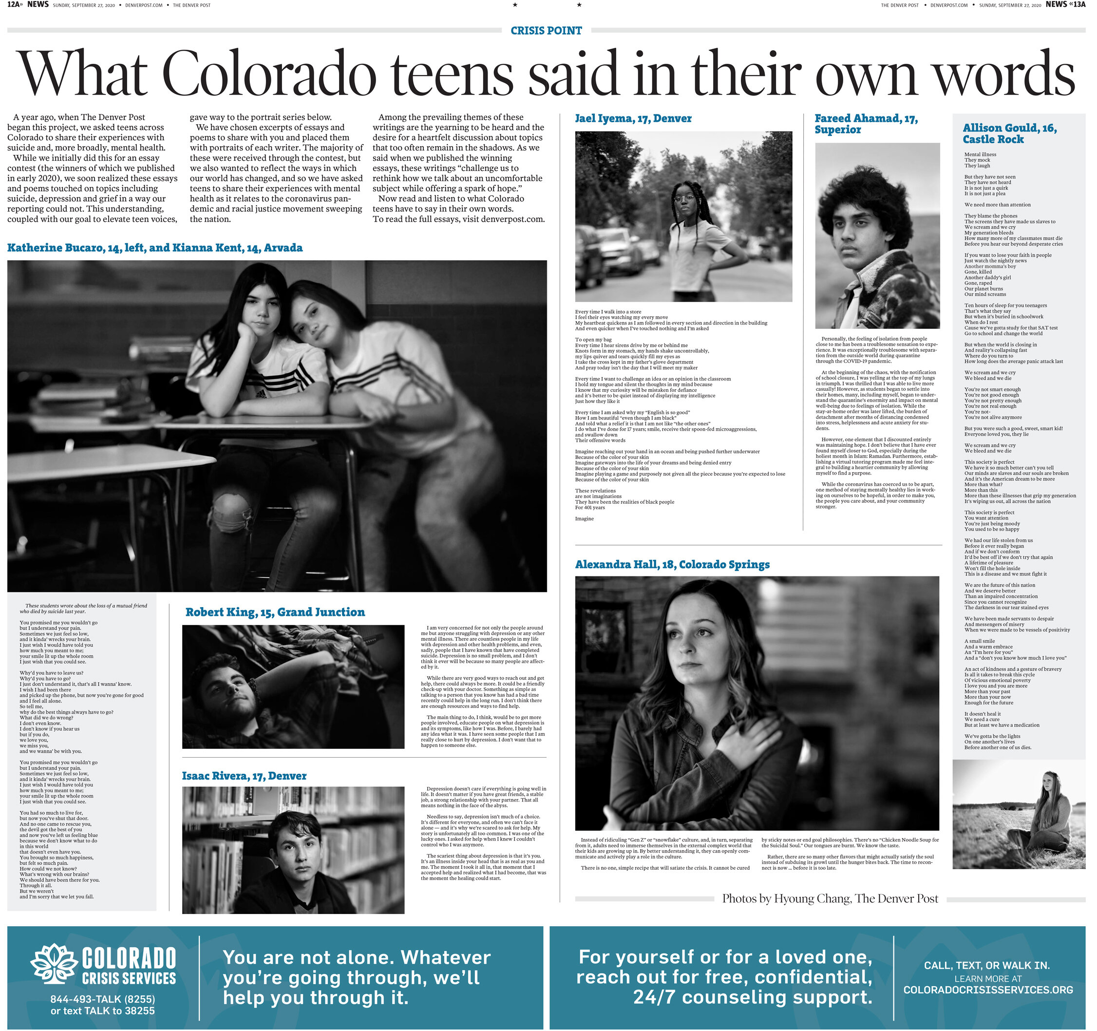   Click here to read personal stories, poems and songs by Colorado teens  about mental health.   