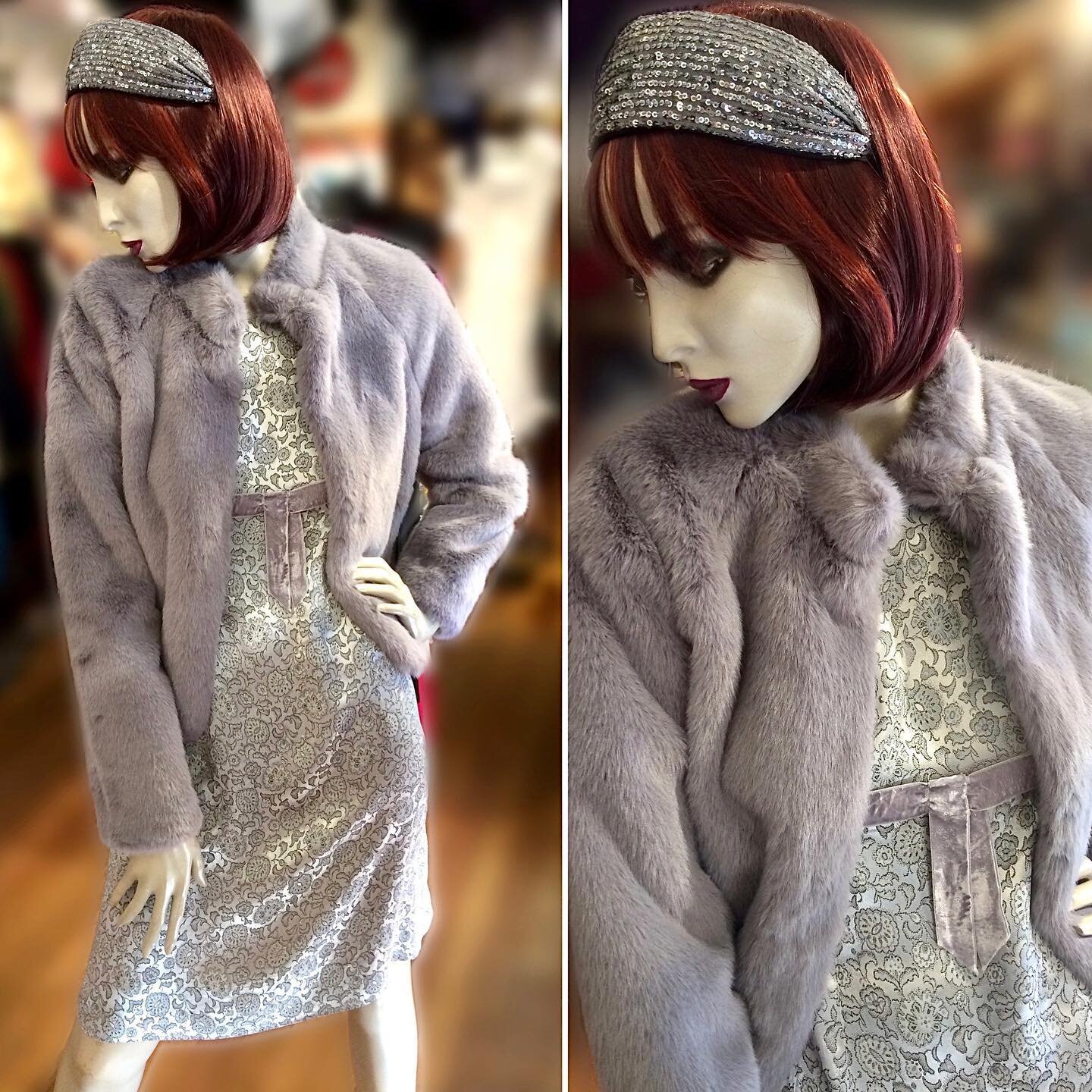 Vintage 1960s classic silver satin brocade shift dress with a simple velvet bow, paired with a new faux fur jacket and glammed up with a silver sequinned headband. Dress available in store at Leura and jacket and headband available online on our webs