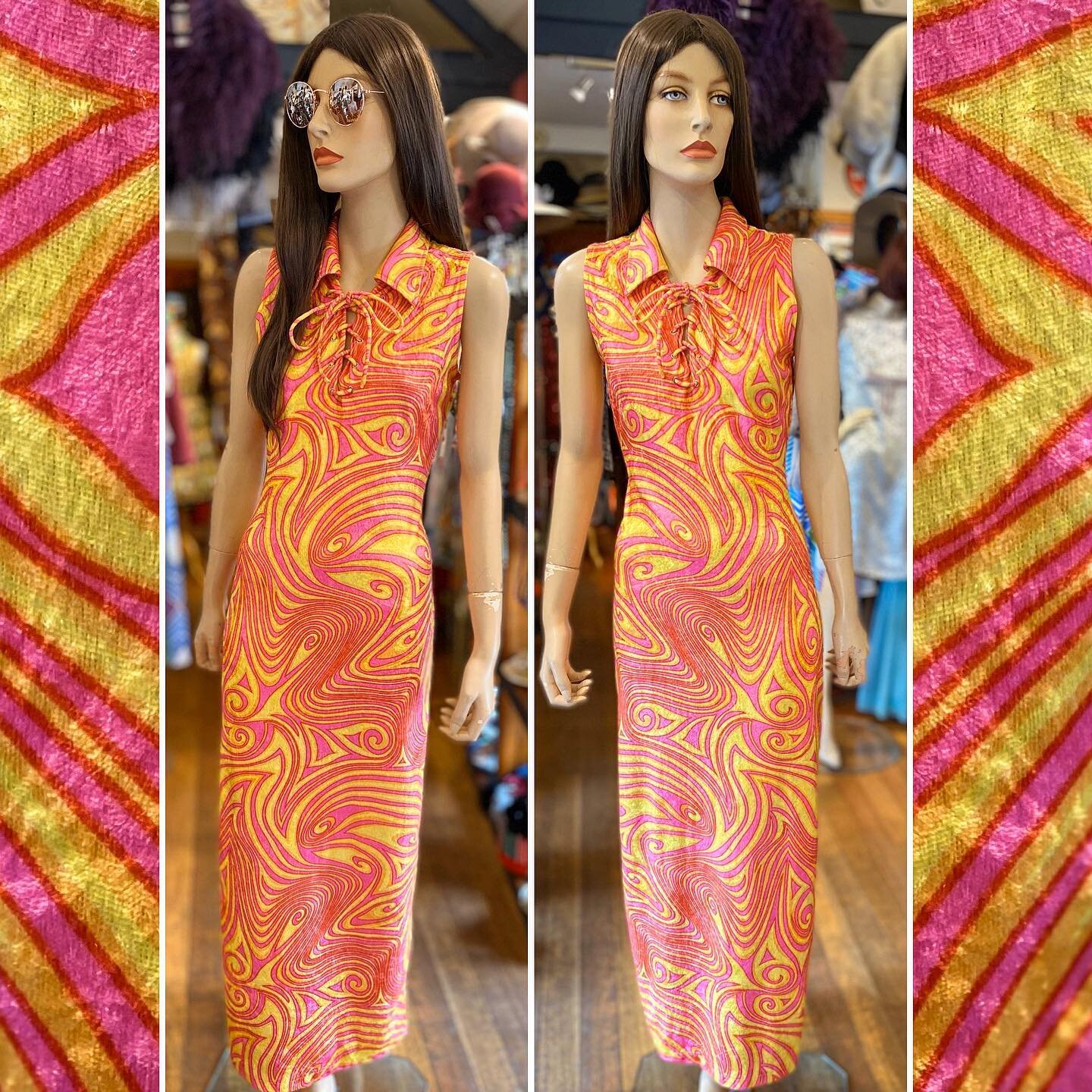 Whoa. It&rsquo;s 90s does 60s/70s Psychedelic shimmering crushed velour maxi dress with a lace up front and collar 😲💕 Pink orange and yellow.
#vintage #vintagedress #psychedelic #70s #70sfashion #hippiestyle #retro #retrodress #retrofashion #vintag