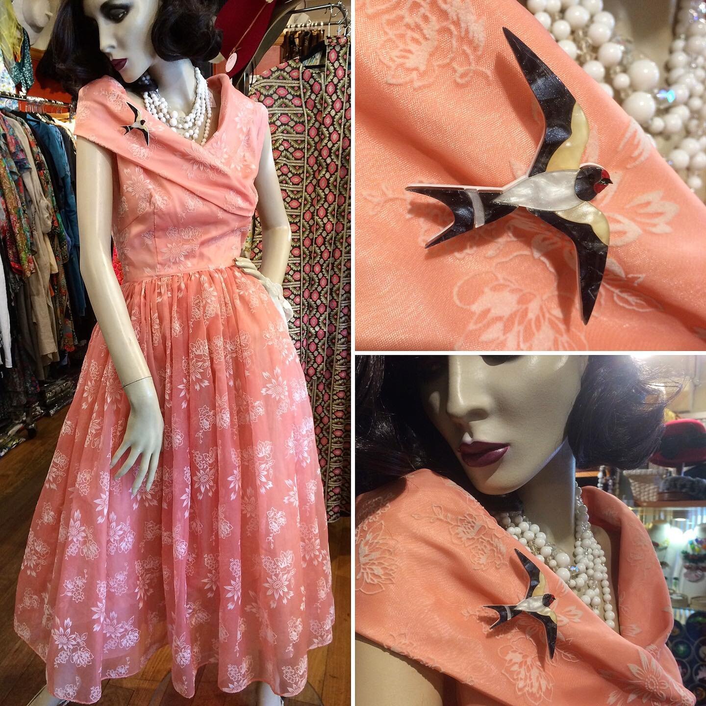 Pretty in pink. 1950 flocked organza dress adorned with @erstwilder Wind Rider brooch 💓. 
Available in-store only. Size 6-8

#vintage #truevintage #vintagedress #1950s #1950sfashion #vintagefashion #leuravintage