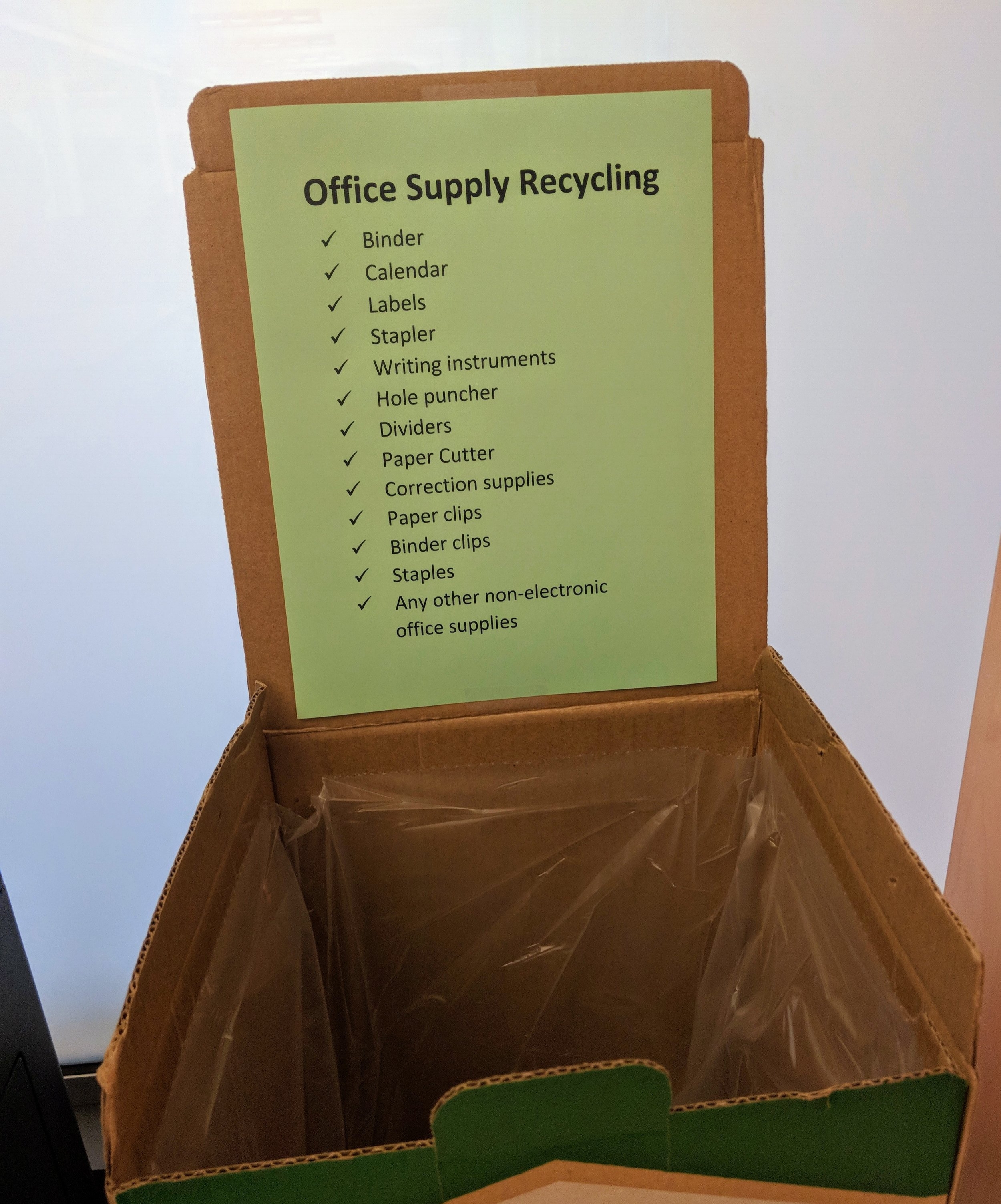 Our office supply disposal box encourages employees to recycle old stationery and keeps the office green and organized.
