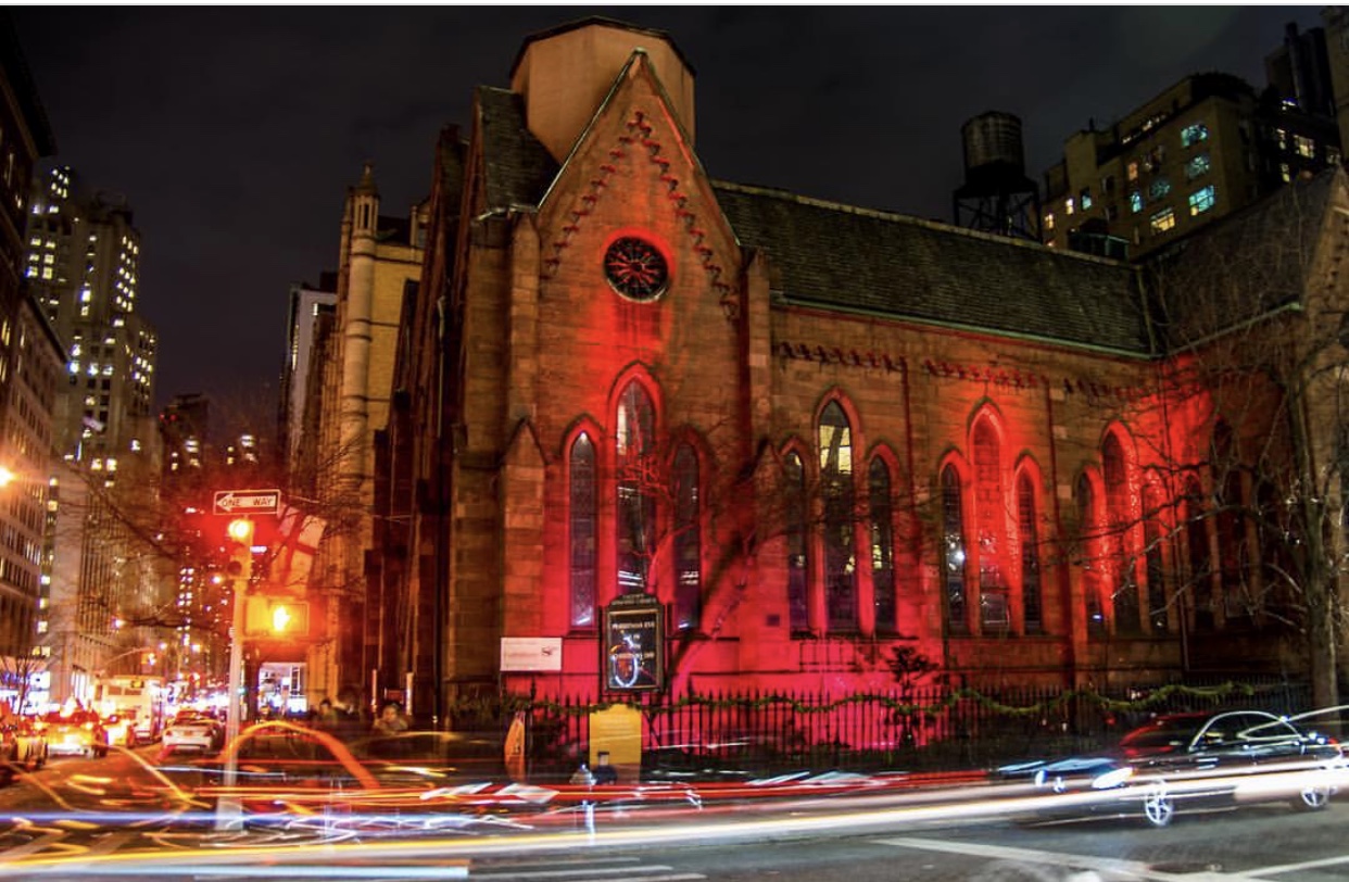 Calvary Episcopal Church in New York City was lit red to spotlight religious persecution worldwide.