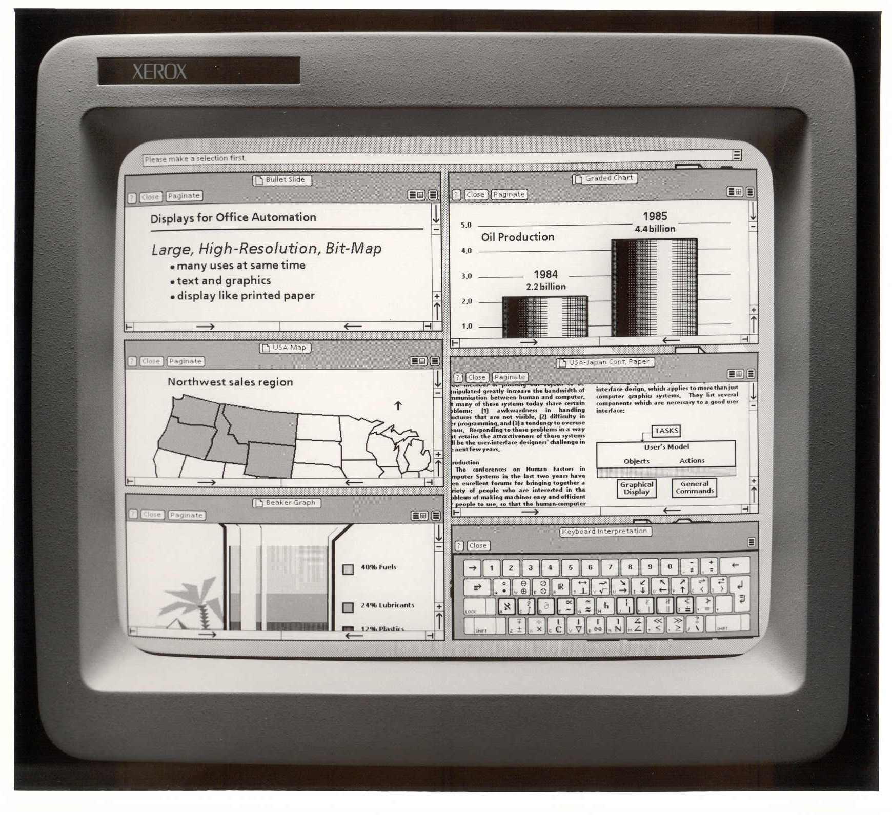 The Xerox Star workstation introduced the first commercial Graphical User Interface (GUI) operating system in 1973