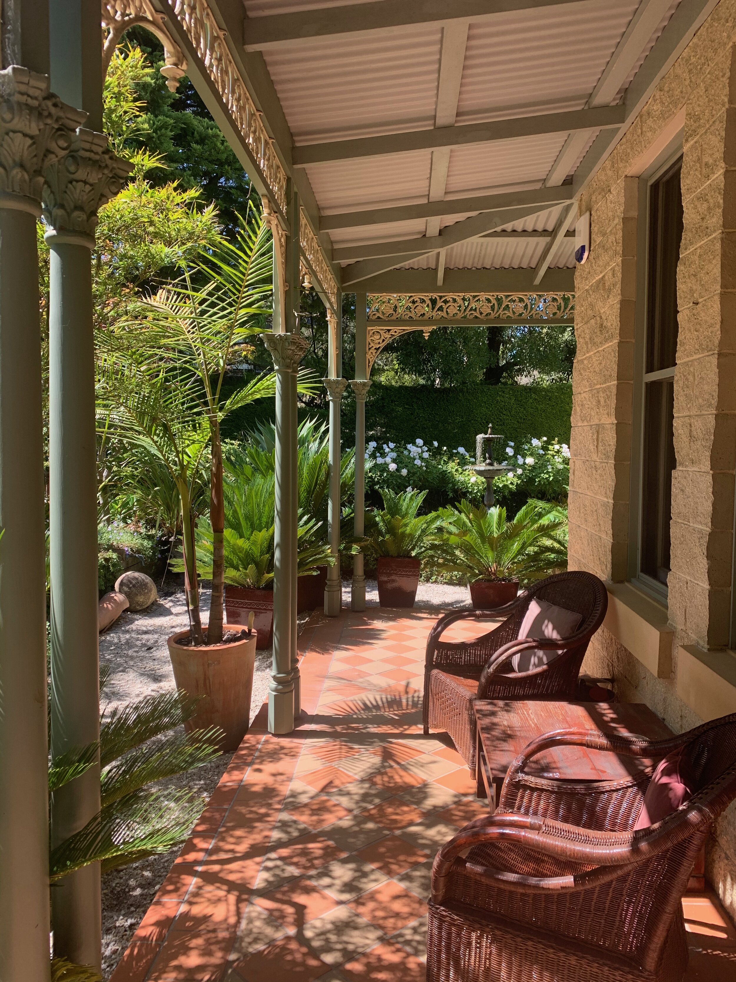 Outdoor rooms begin on the verandah and reveal themselves over 3/4 of an acre towards Kackeraboite Creek.