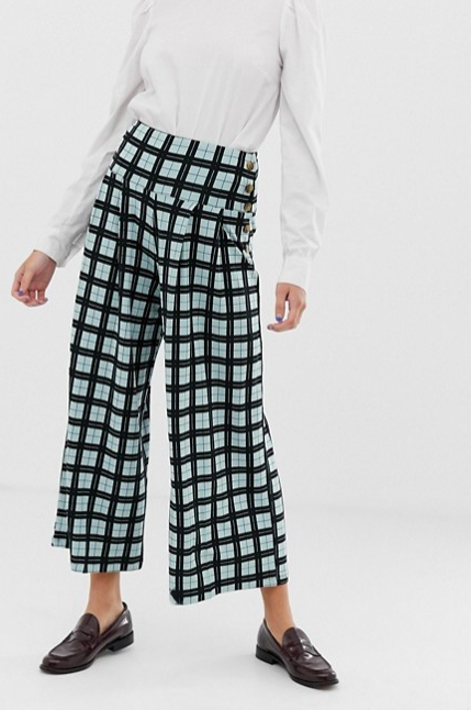 Wide leg culotte in check with tortoiseshell button placket, $35