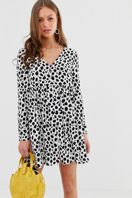 Smock mini dress with button through in splodge print, $48