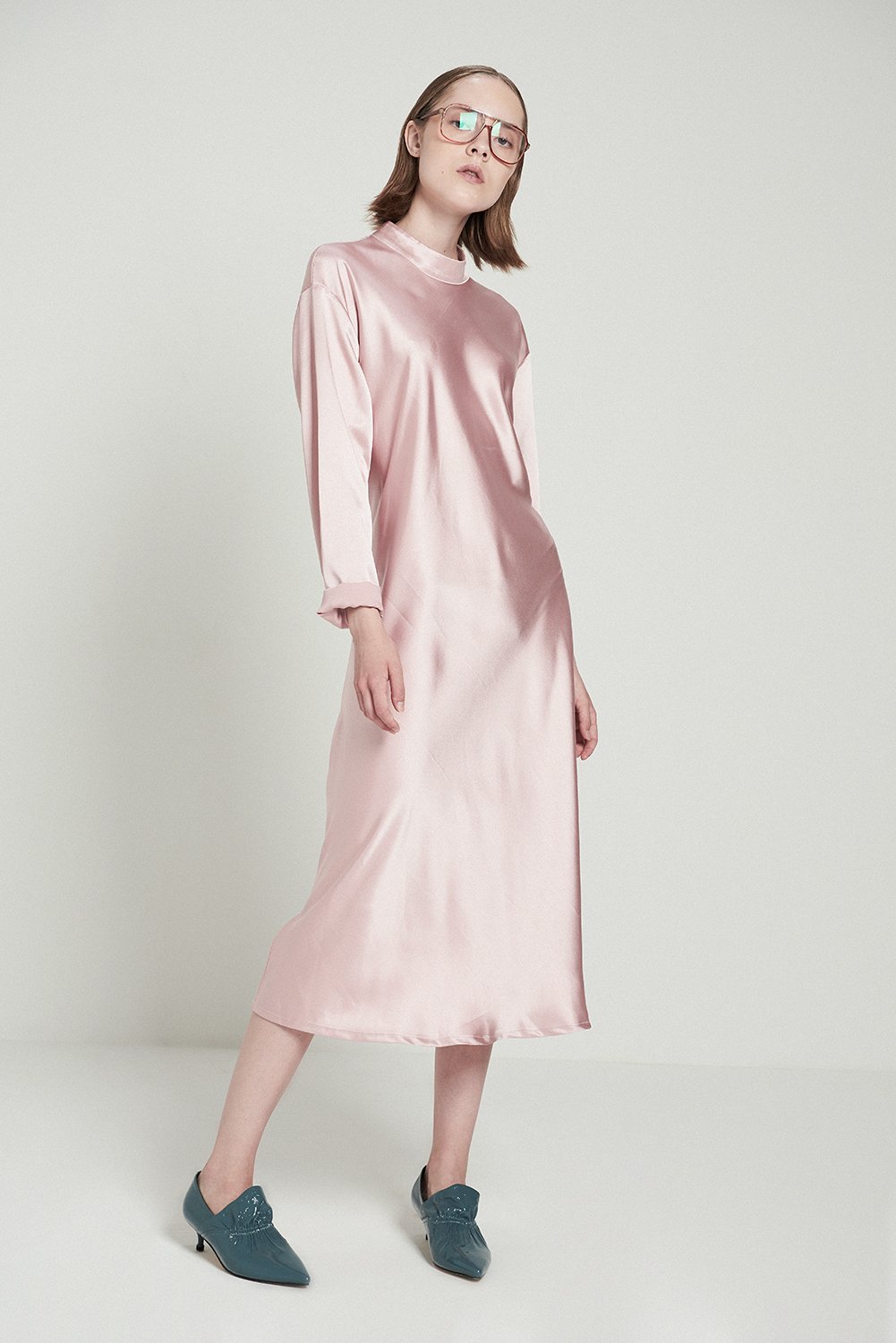Shiny Turtleneck A-line Dress-Pink, $95