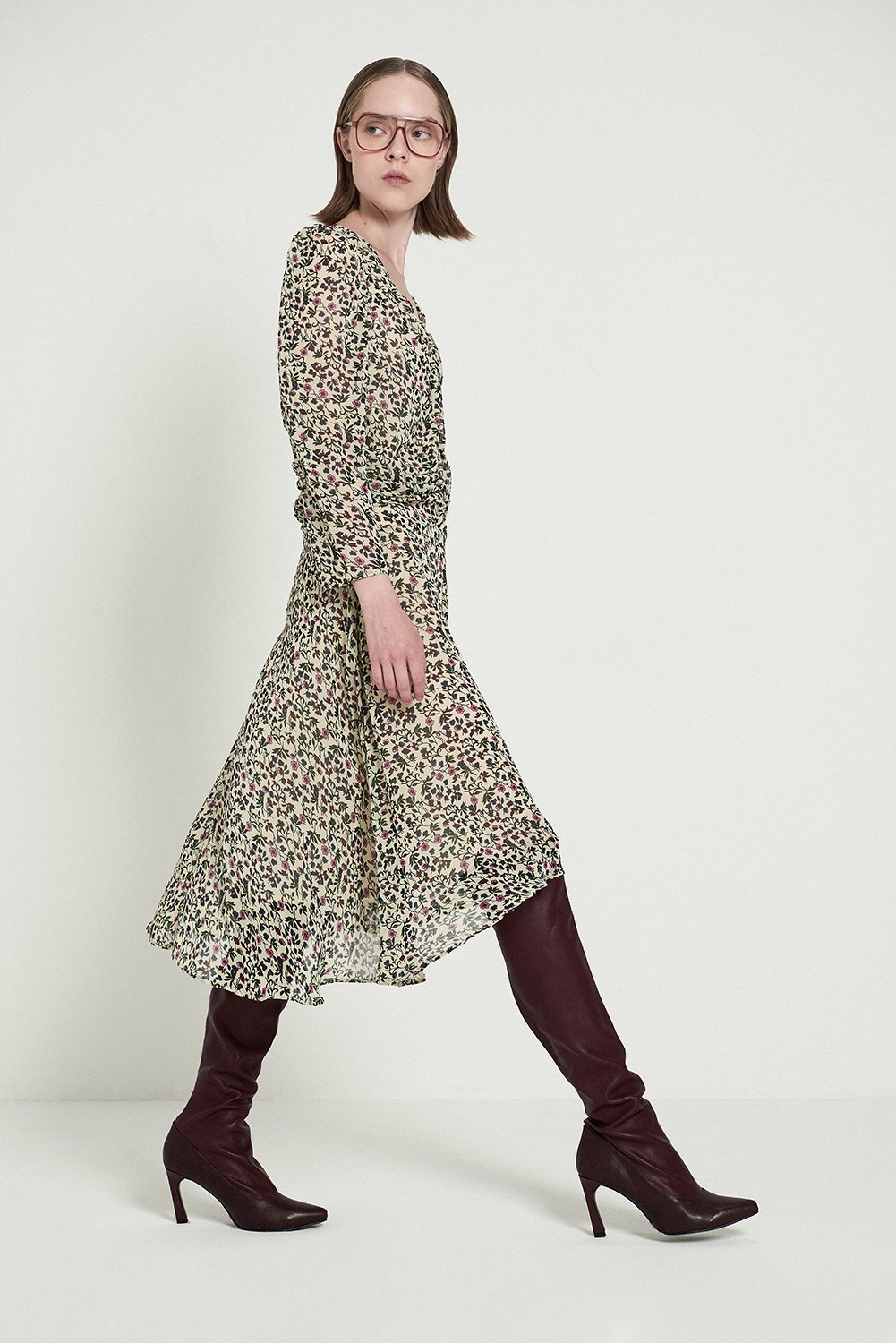 Shirred Waist V-neck Floral Dress, $89.79