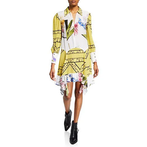 Ganni Collared Mix-Print Long-Sleeve Asymmetrical Dress Mixed print dresses.jpg