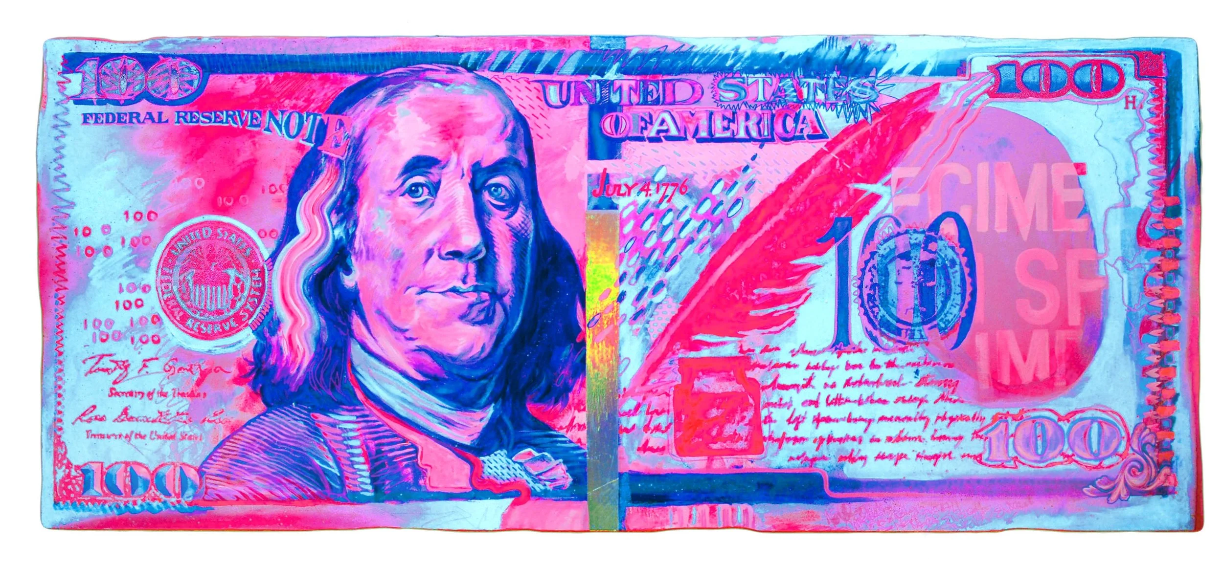 HUNNID - Acrylic, Silkscreen, Glitter, Holographic tape on wood