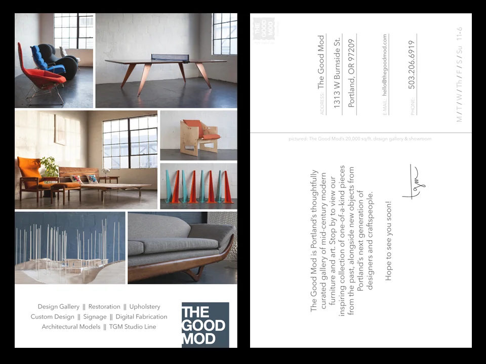  Front and back of the one from a set of 5 postcards designed for the company to take to tradeshows as handouts and other sales areas 