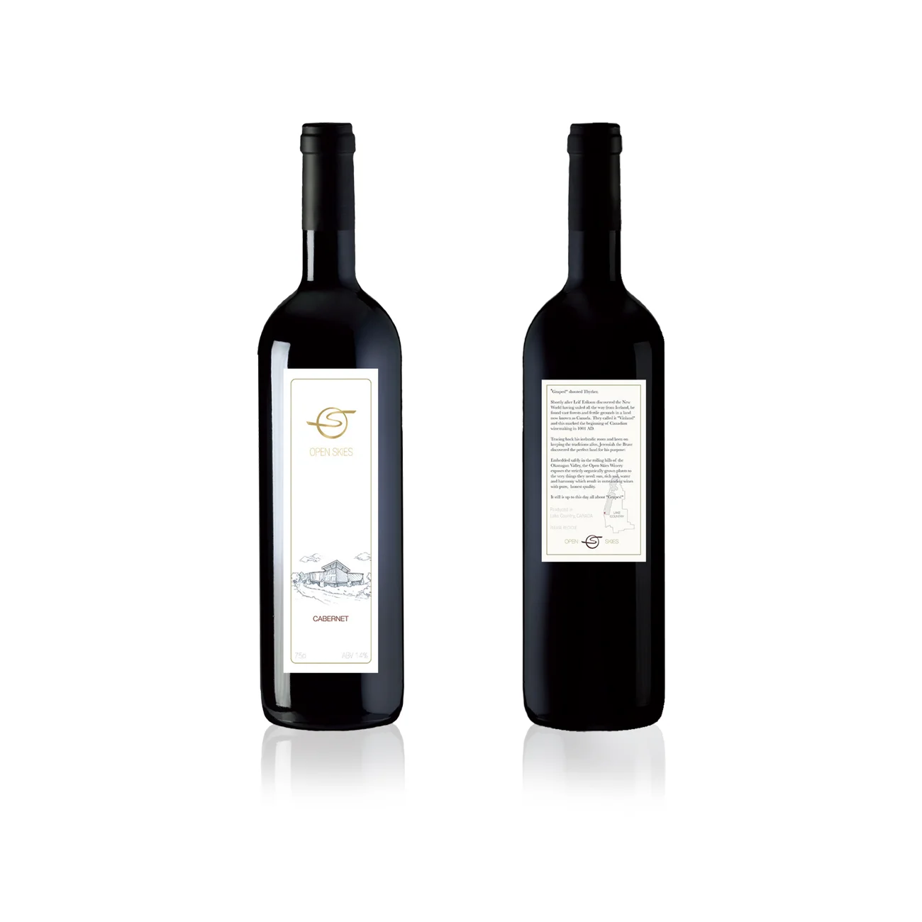  OPEN SKIES  Wine label design, along with logo design and name creation for Open Skies with a hand-drawn image of the vineyard's estate 