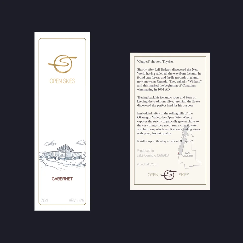  Front and back labels with drawing and a map of where the vineyard is located 