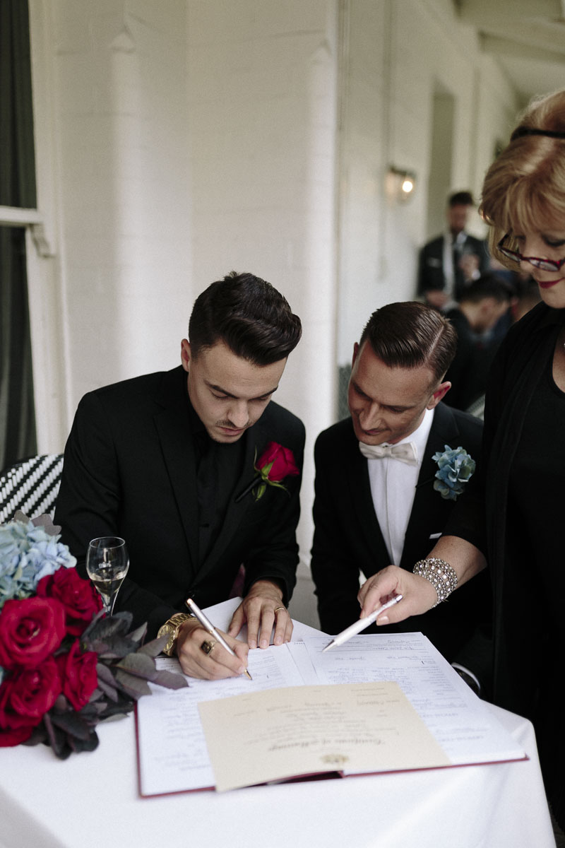  Alexander Ross and Nicholas Ross from Same-sex wedding directory Mr Theodore legally get married at Entrecote in South Yarra. Photos by Olivia and Thyme. 