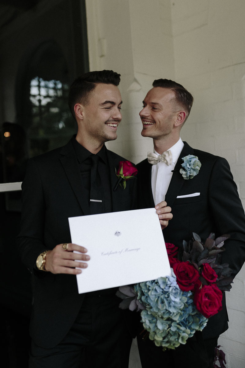  Alexander Ross and Nicholas Ross from Same-sex wedding directory Mr Theodore legally get married at Entrecote in South Yarra. Photos by Olivia and Thyme. 
