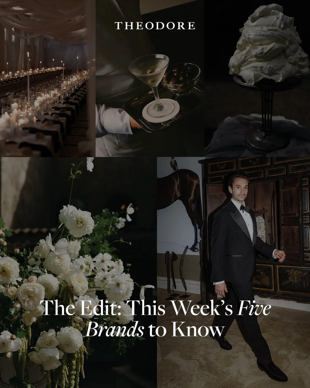 The Edit: This week&rsquo;s 5 THEODORE brands to know&hellip;

1. Photographer @brendanwoodsphoto 
2. Planner and Stylist @_bowcreative 
3. Cake Maker @butter.au 
4. Venue @mobyswhalebeach 
5. Florist @form_floraldesign 

You can find these 5 names a