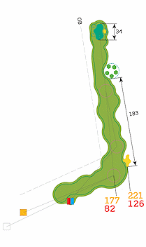 Hul 13 er et par 5 langt dogleg venstre, der kræver præcise slag på fairway. Der er god plads til drivet op af bakke, men da man skal holde fri af hjørnet af skoven for at kunne komme videre, er det en fordel at holde højre side af fairway. Derved kan en kæmpehøj komme i spil i højre side lige før nedslagsområdet. Slår man meget langt er der en enkelt fairwaybunker i doglegget. Næste udfordring er at komme igennem en port bestående af en stor kæmpehøj med meget høje træer på højre side og skoven i venstre side. Fairway skråner nedad. At slå ud i skoven er en sikker tabt bold, da der er out of bounds langs hele skovkanten i venstre side og det kræver et meget langt og højt slag at gå over kæmpehøjen. Vel igennem porten er green beskyttet af en bunker i højre side. Men efter det man har været igennem på hullet, er det ikke en stor udfordring. Højhandicap spilleren bør overveje at spille uambitiøst gennem doglegget og frem til porten, herfra et roligt fladt slag med et lavt jern til green.