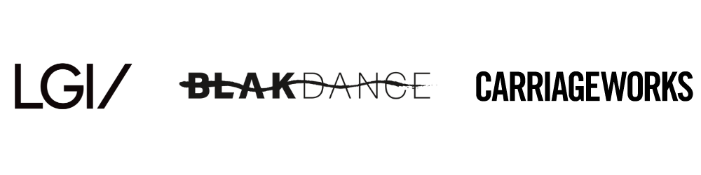 The logos for Lucy Guerin Inc, BlakDance and Carriageworks