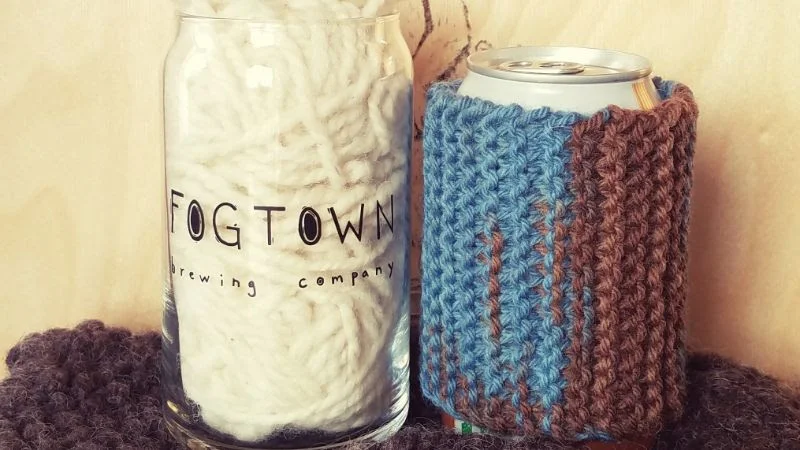 Knit & Sip koozie from Fogtown Brewing event