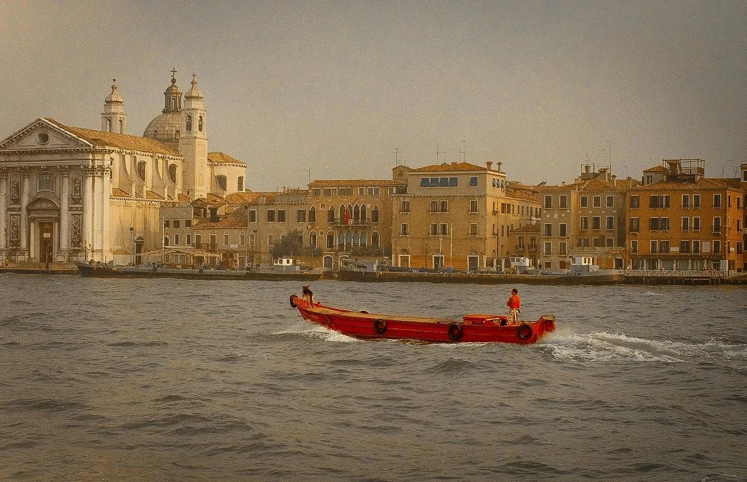 Man and Dog on Boat, Venice Italy