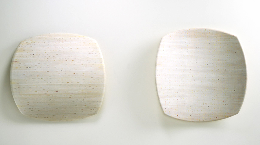 scrape/swab (2) , paint, ink, sheet cork, shaped plywood, 33 x 32 x 5.5 inches(each), 2001