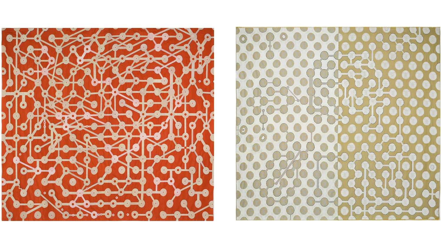 commonplaces 2, 1, silk brocade cloth, paint, colored pencil, 61 x 65 inches; 61 x 68 inches, 2007