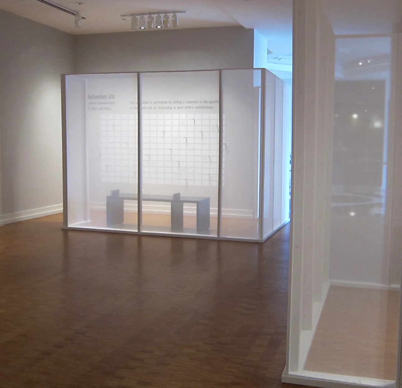 Between Us (left) and Social Blanket (right), Gallery of Contemporary Art 121, UCCS, Colorado Springs, Colorado, 2015 Jane Lackey: Points of Contact included site-specific installations bordered by semi-transparent scrim walls. Placed at opposite and diagonal sides of the middle gallery, the semi-private spaces for writing ( Between Us ) and drawing ( Social Blanket ) provided a collective interface for participants over the duration of the exhibition.