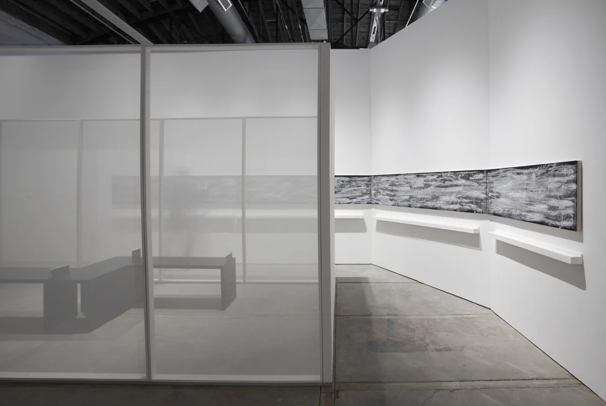 swipe , wool felt, chalk dust, plywood, pine