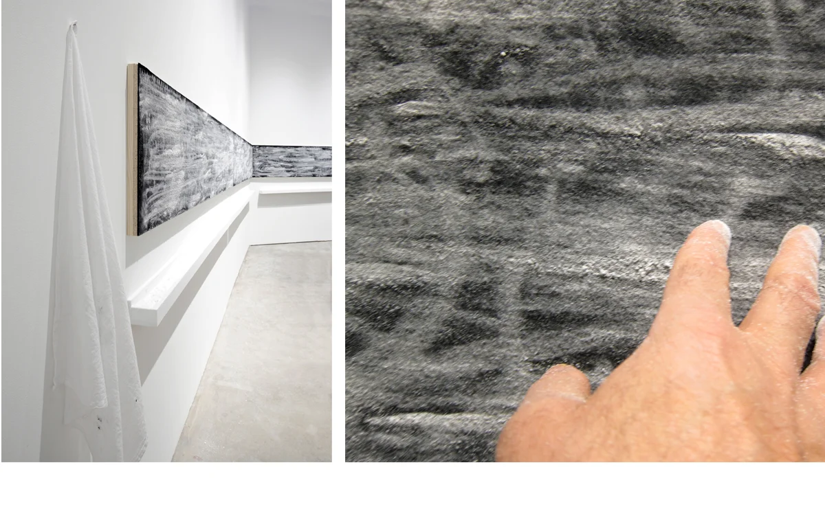 In contrast to the intimacy of mapped space in two dimensions, my installations are three-dimensional environments in which you can walk—explore--respond. Aspects of my drawings are further developed with architectural guidelines and expand materially. Scrim walls, cords and flexible divisions of space align or overlap to shift perception as you move into a central location. The enveloping atmosphere of translucent material filters exterior awareness leading to a gestalt of writing, marking, tracing, silence, and sometimes unexpected calm.