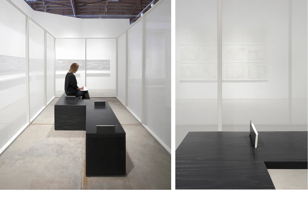 Located in the center of the surrounding walls are two benches with slots for 4 books and writing pens. Each book has my introduction and invitation to sit and contribute to a commonplace book. Historically used for compiling quotes, stories, observ…