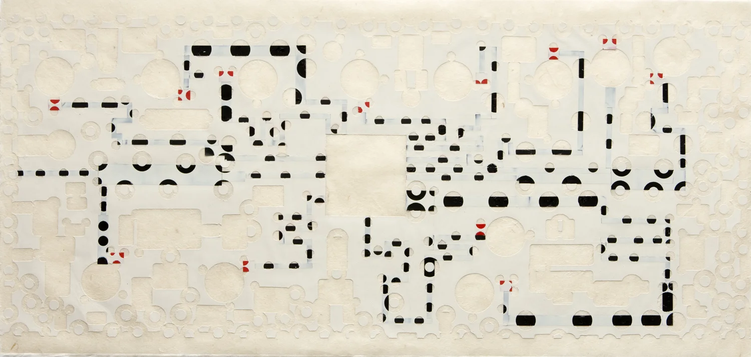 survey  matrix,    8.75 x 18.5 inches,   paint, tape, stickers on paper  , 2005     Survey    sequence, composed of 14 diagrams, pertains to the formal discussion/conversations of each fellow.  Survey 1  through  12  are subtitled with initials to