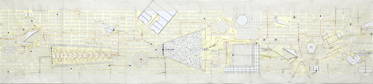 trans-scape 1, paint , tape, thread on kozo paper, 24 x 108 inches, 2012