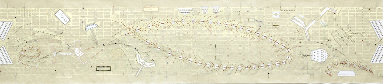 trans-scape 2, paint , tape, thread on kozo paper, 24 x 108 inches, 2012