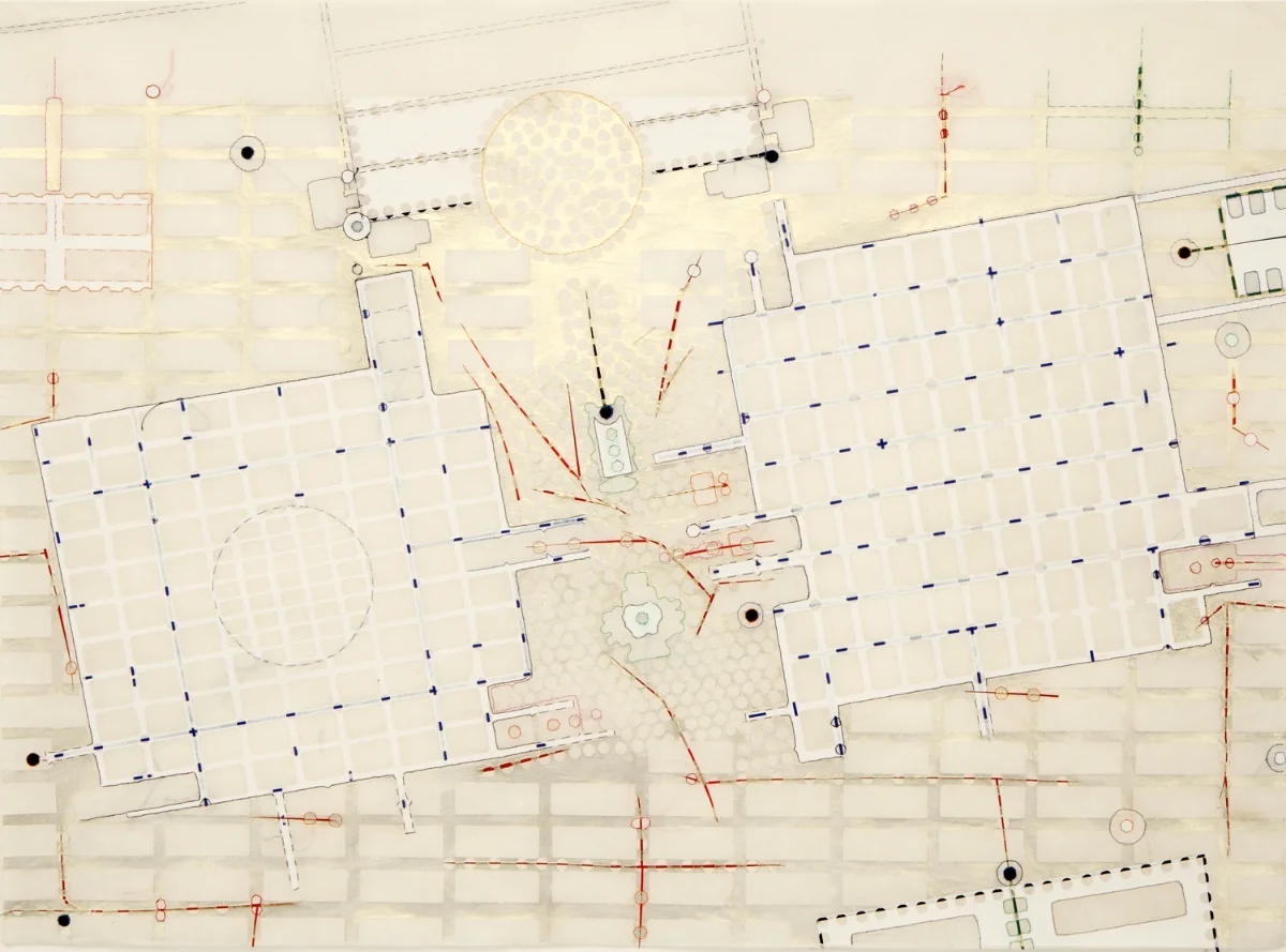 enclosures 2 , paint, tape, thread, stickers on kozo paper , 19.5 x 26.5 inches