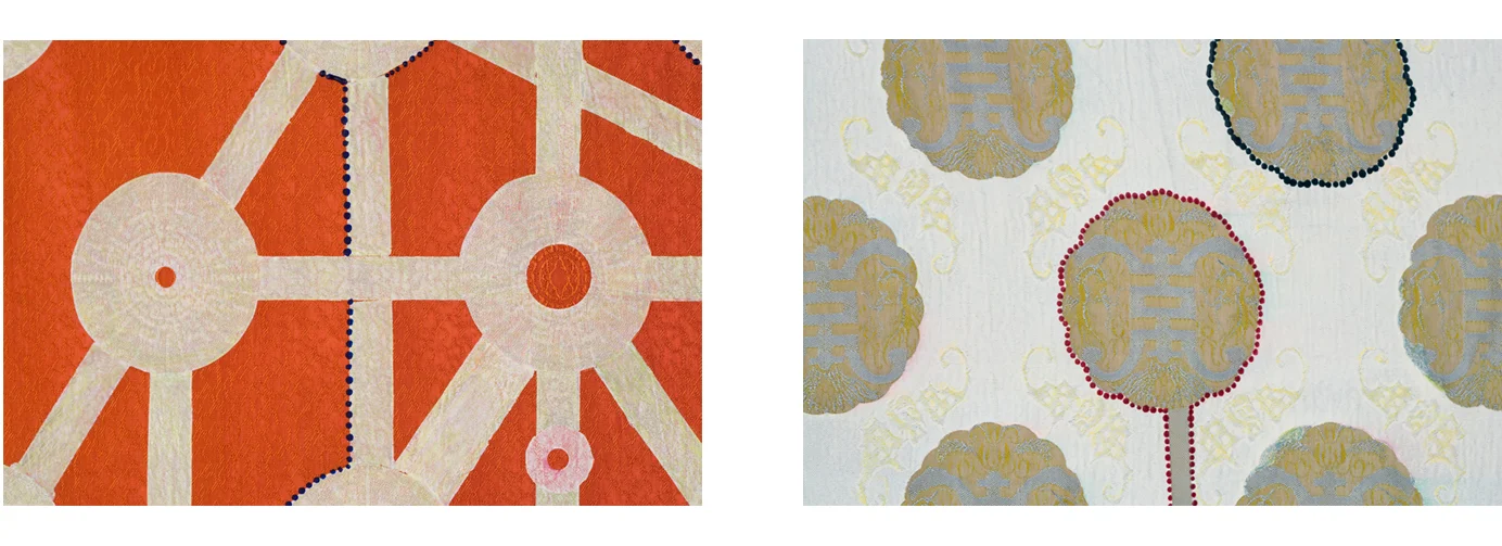 commonplaces 2, 1, silk brocade cloth, paint , colored pencil, details