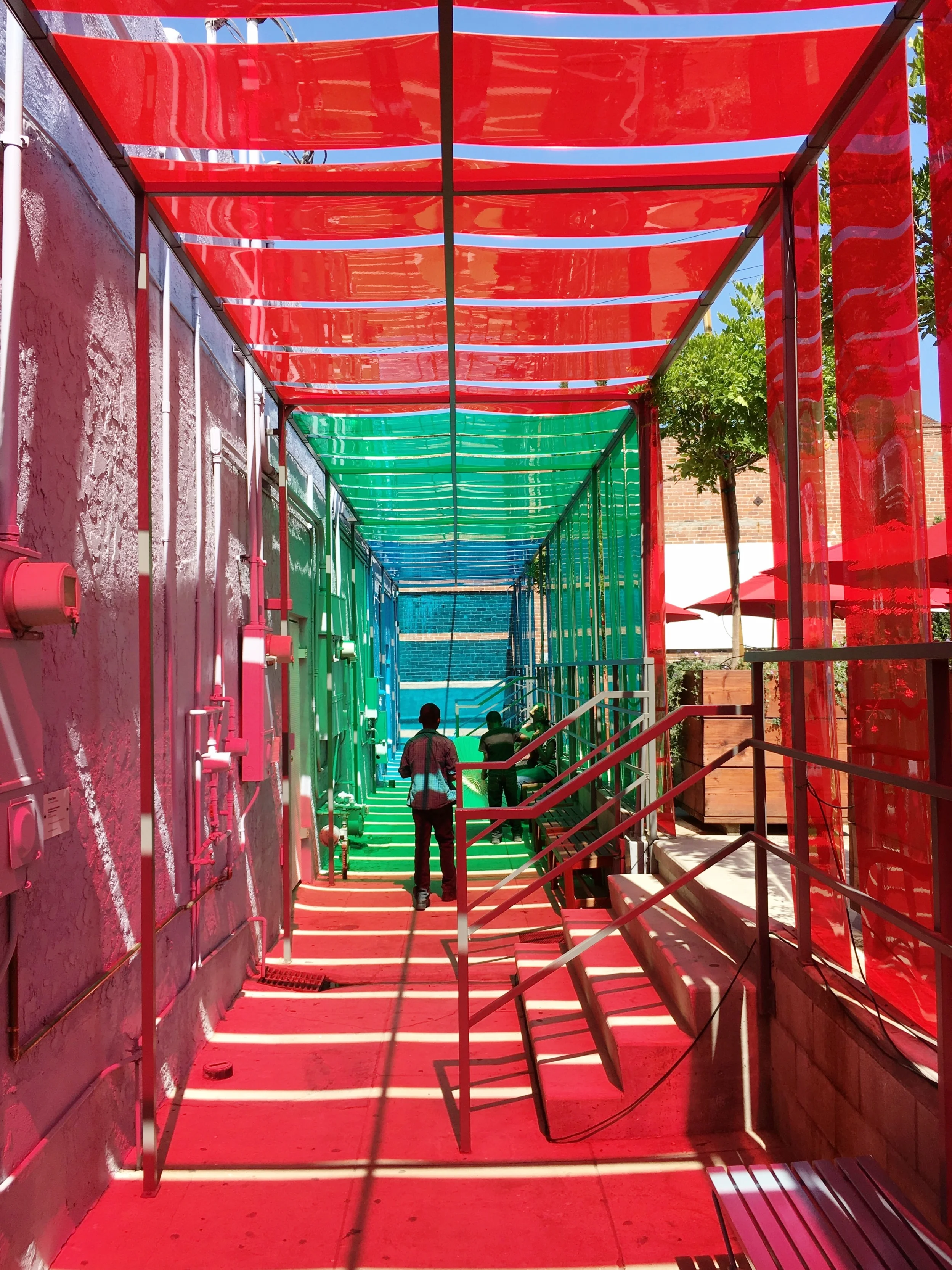 Diane Thater's "RGB Windows for MOCA Adapted for The Underground Museum". 2001-2017. Color PVC, Metal Brackets.