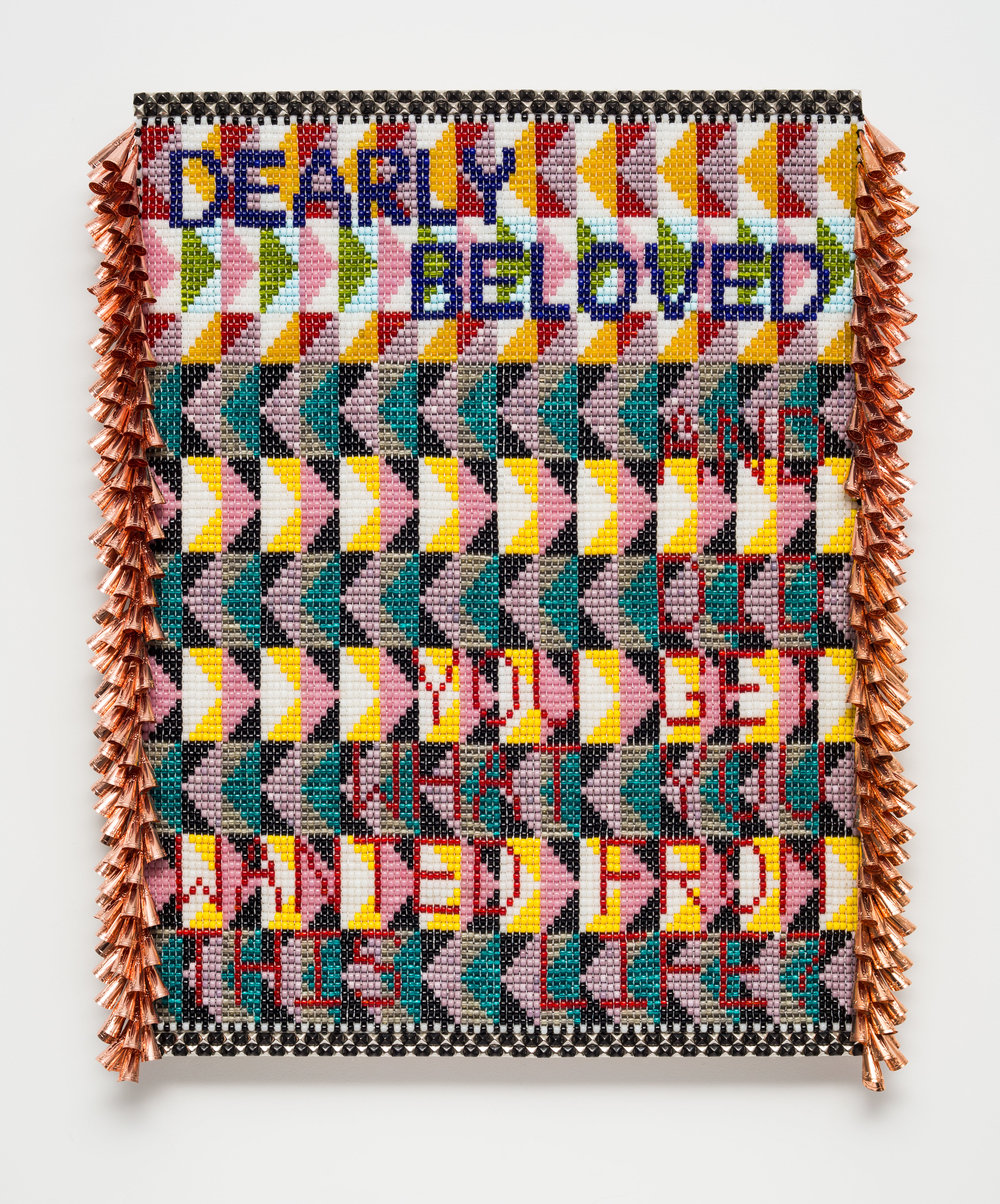 Jeffrey Gibson. “DEARLY BELOVED...AND DID YOU GET WHAT YOU WANTED FROM THIS LIFE?” (2017). Glass beads, artificial sinew, metal studs, copper jingles, acrylic felt, over wood panel. 42 x 31.5 INCHES. 