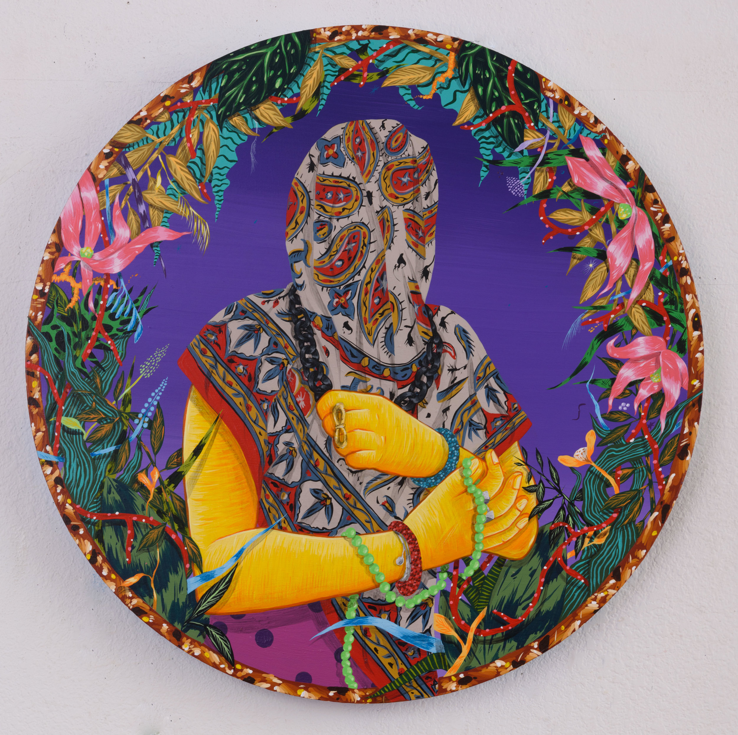 Amir H. Fallah. “Enrapt” (2017).&nbsp; Acrylic on panel. 24 INCHES IN DIAMETER. Courtesy of the Artist and Shulamit Nazarian, Los Angeles.