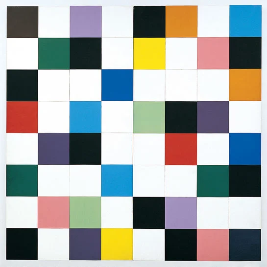 Ellsworth Kelly, Colors for a Large Wall. 1952. Oil on Canvas, sixty-four panels. 7'10 1/2" x 7'10 1/2" (240 x 240 cm). 