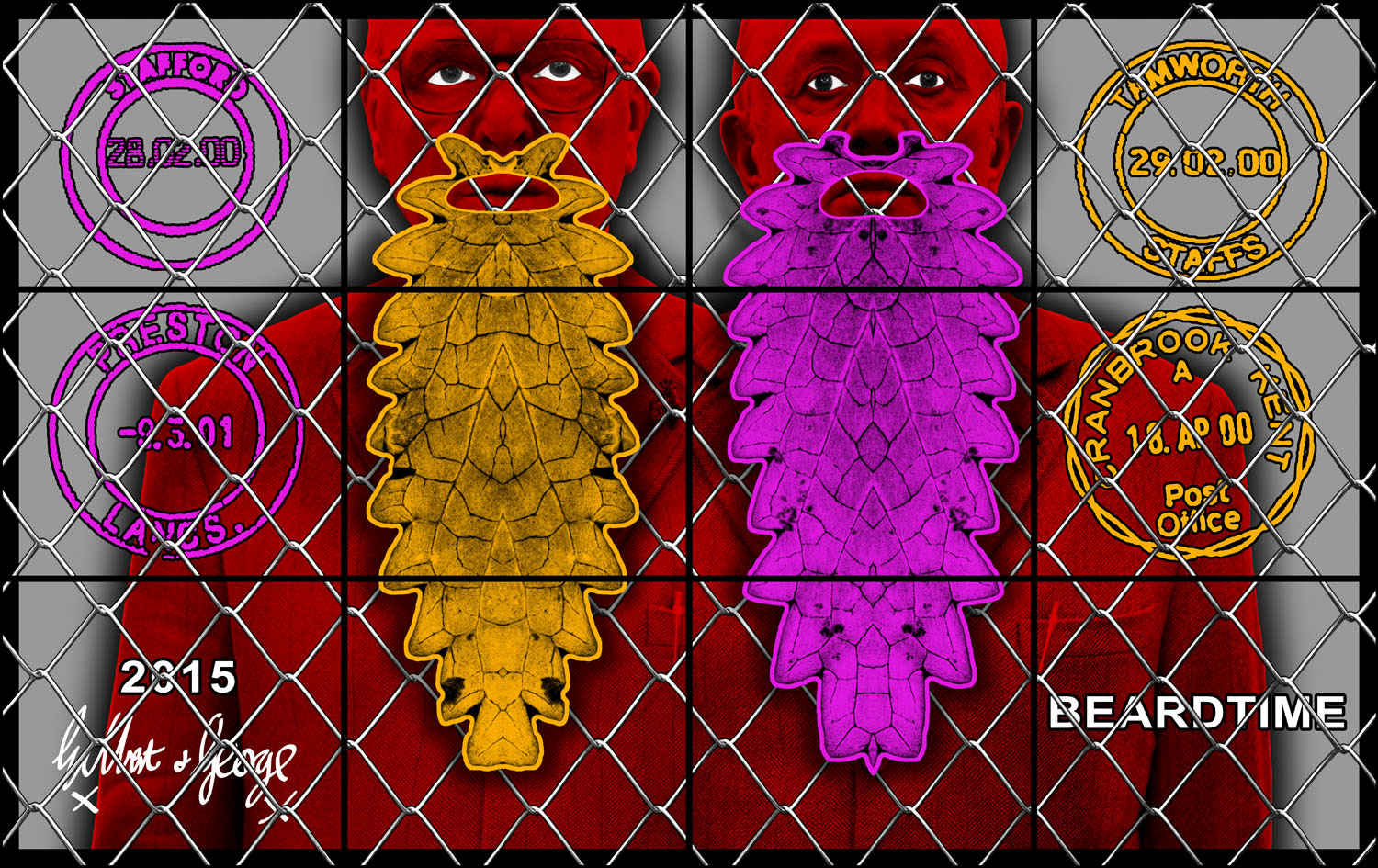 GILBERT & GEORGE. “BEARDTIME” (2016). Mixed Media. 74.8 x 118.9 inches. © Gilbert & George. Courtesy the artists and Lehmann Maupin, New York and Hong Kong.
