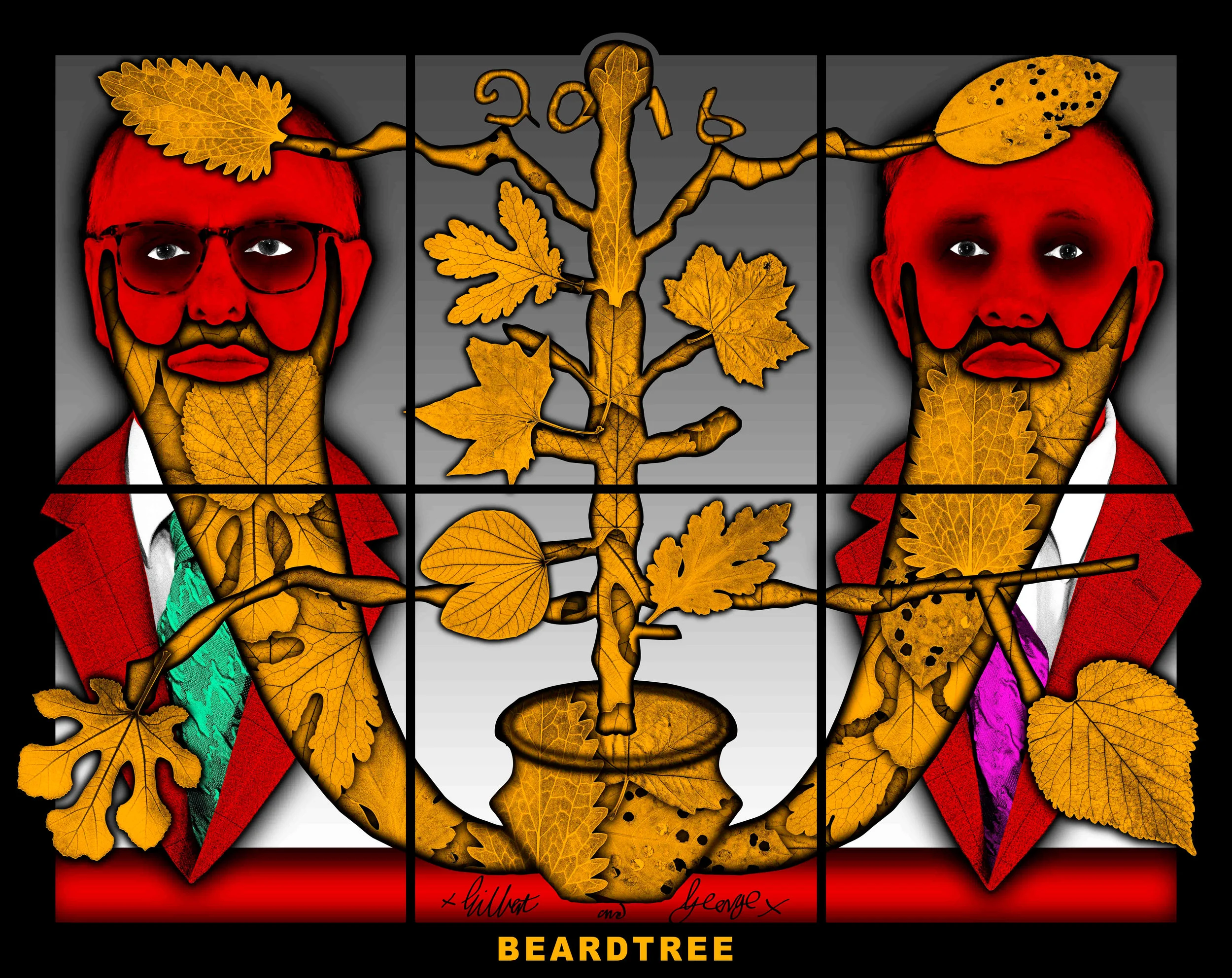 GILBERT & GEORGE. “BEARDTREE” (2016). Mixed Media. 59.45 x 74.8 inches. © Gilbert & George. Courtesy the artists and Lehmann Maupin, New York and Hong Kong.