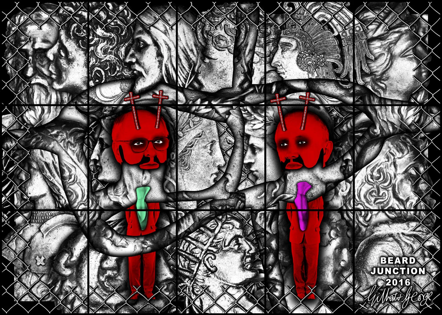 GILBERT & GEORGE. “BEARD JUNCTION” (2016). mixed media. 88.98 x 124.8 inches. © Gilbert & George. Courtesy the artists and Lehmann Maupin, New York and Hong Kong.