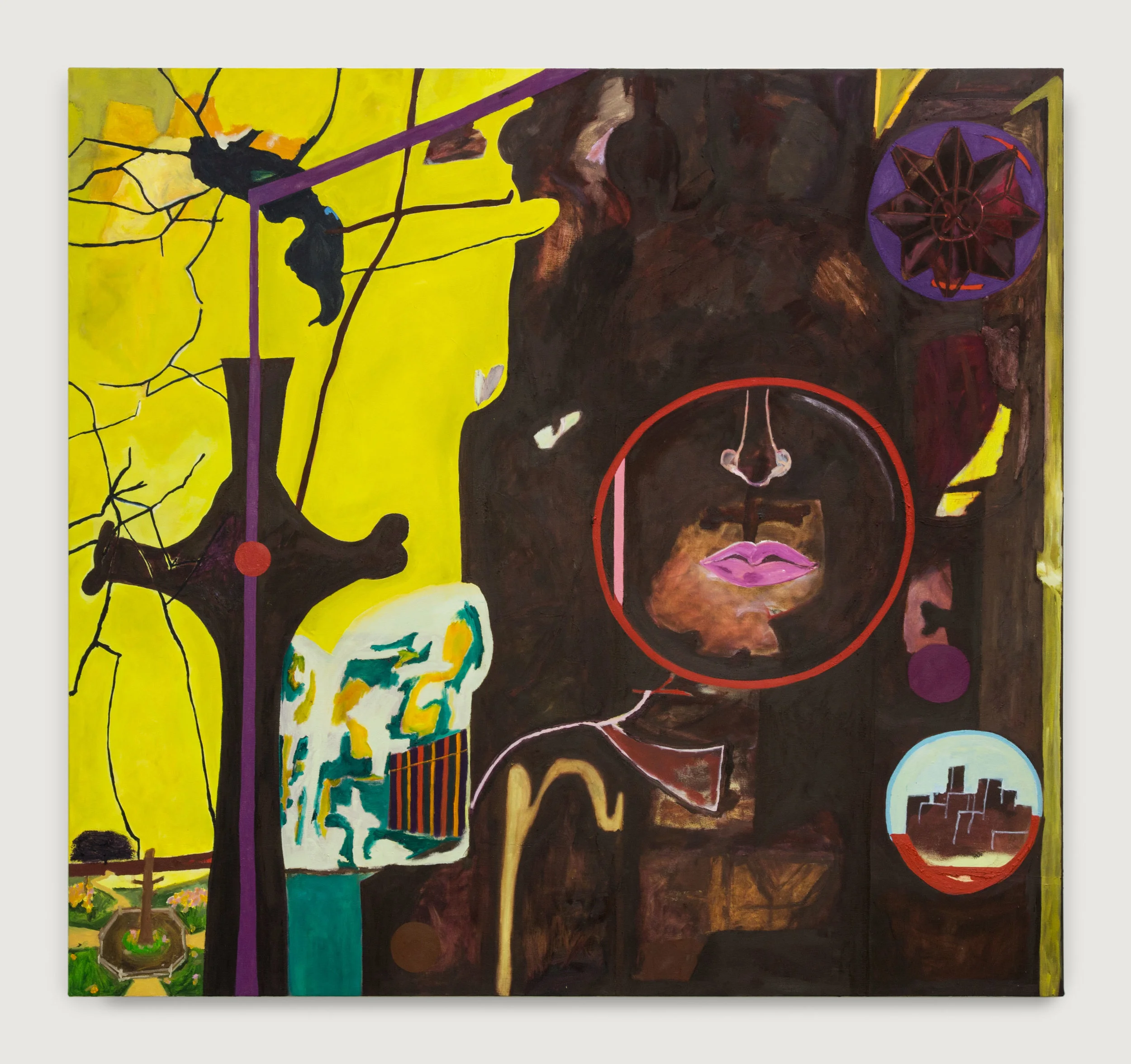 MARISA TAKAL. “GRIPPED SURGING A THING, TING TING THE WIND WINDING UP AND OUT CROSSING THE STREET TEE-HEE ME-ME MY MY METROCARD ” (2017). OIL ON CANVAS. 75 X 70 INCHES. COURTESY THE ARTIST AND NIGHT GALLERY, LOS ANGELES.