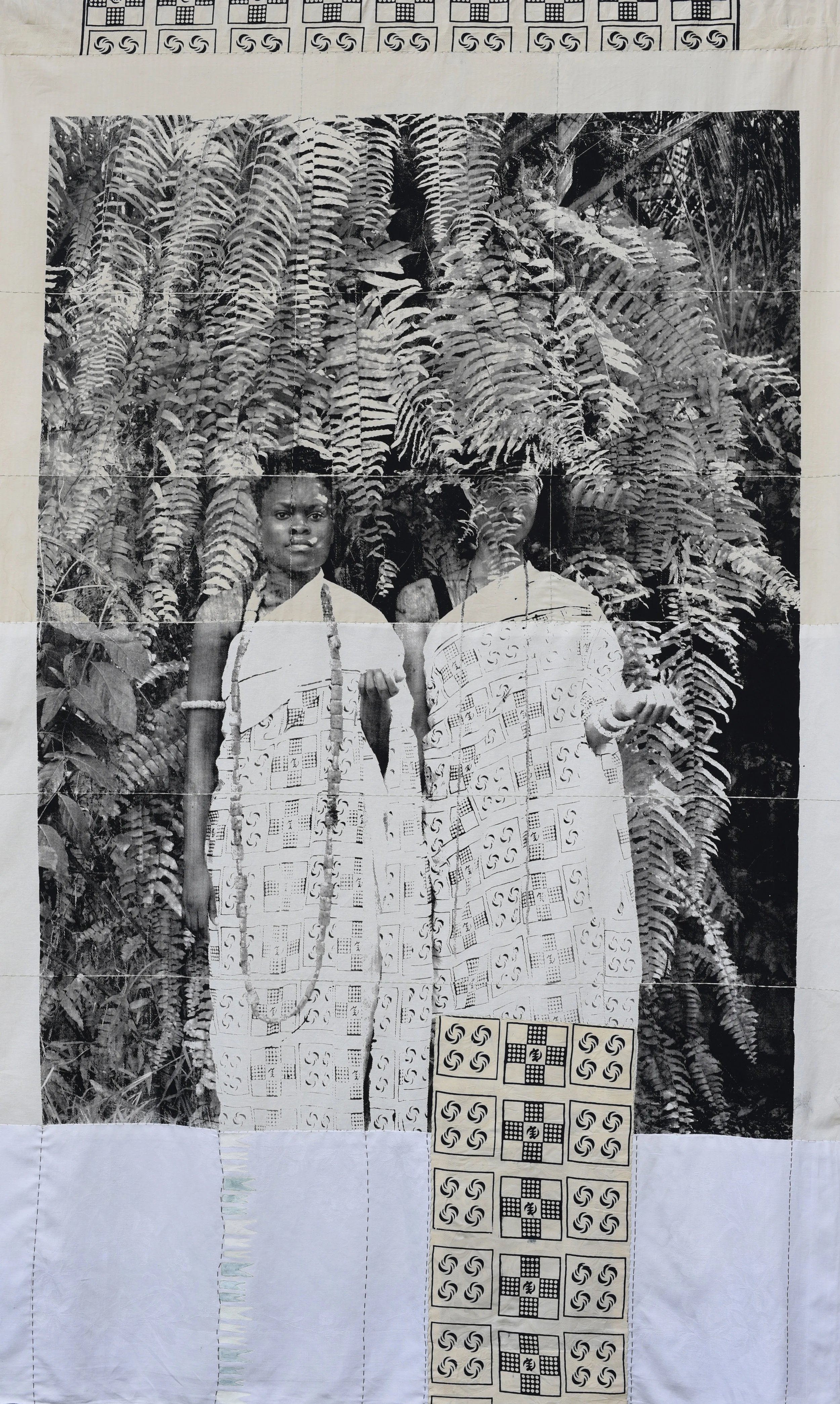 ZOHRA OPOKU. “DEBIE” (2017). SCREEN PRINT ON CANVAS & COTTON, BLACK TEA DYE, THREAD, ACRYLIC. 90 X 55 INCHES. COURTESY OF THE ARTIST.