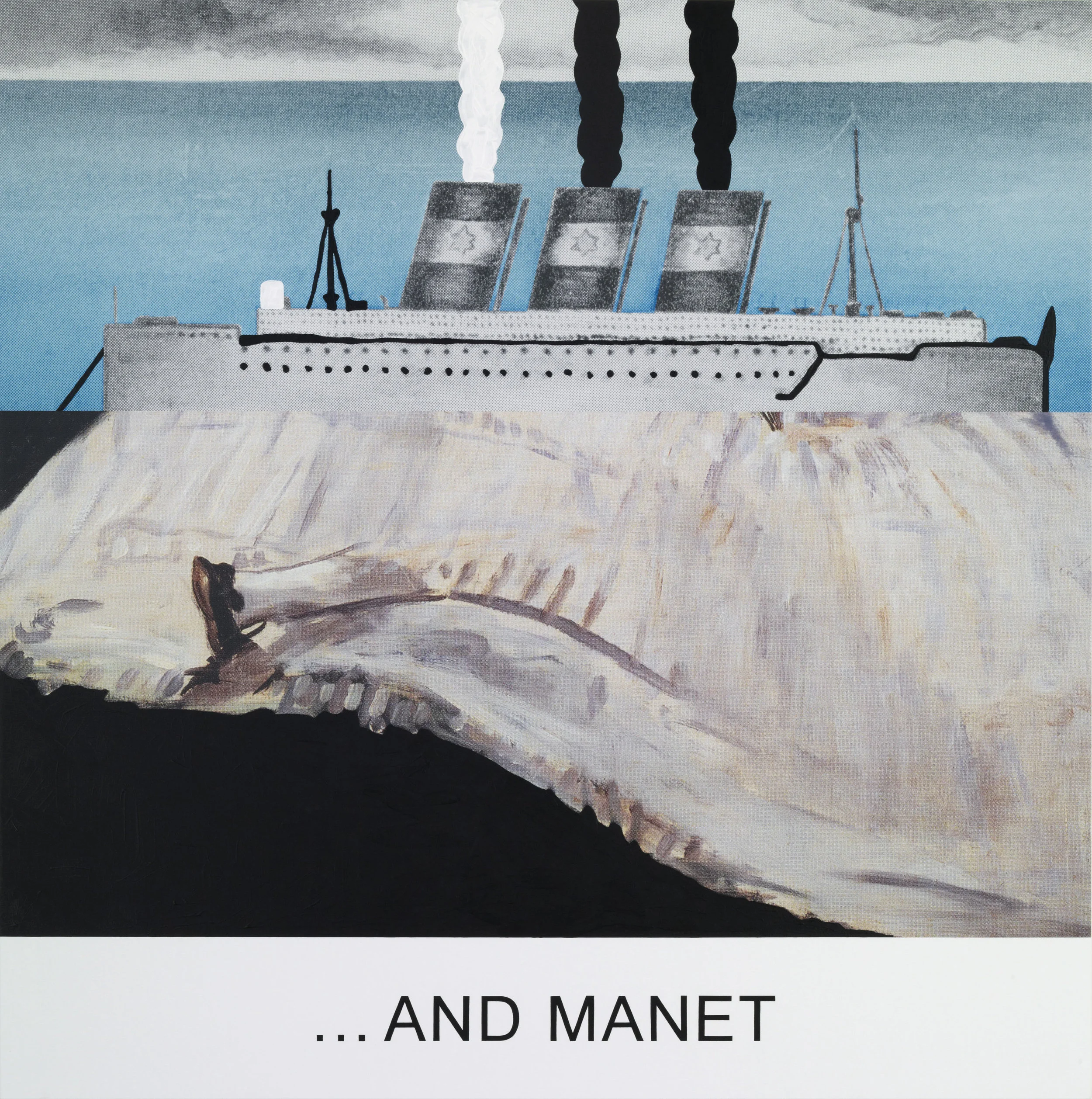 JOHN BALDESSARI. “DOUBLE BILL: ...AND MANET” (2012). LACQUERED INKJET PRINT ON CANVAS WITH ACRYLIC AND OIL PAINT. 152.4 X 152.4 CM. COURTESY OF THE ARTIST AND MARIAN GOODMAN GALLERY, NEW YORK.