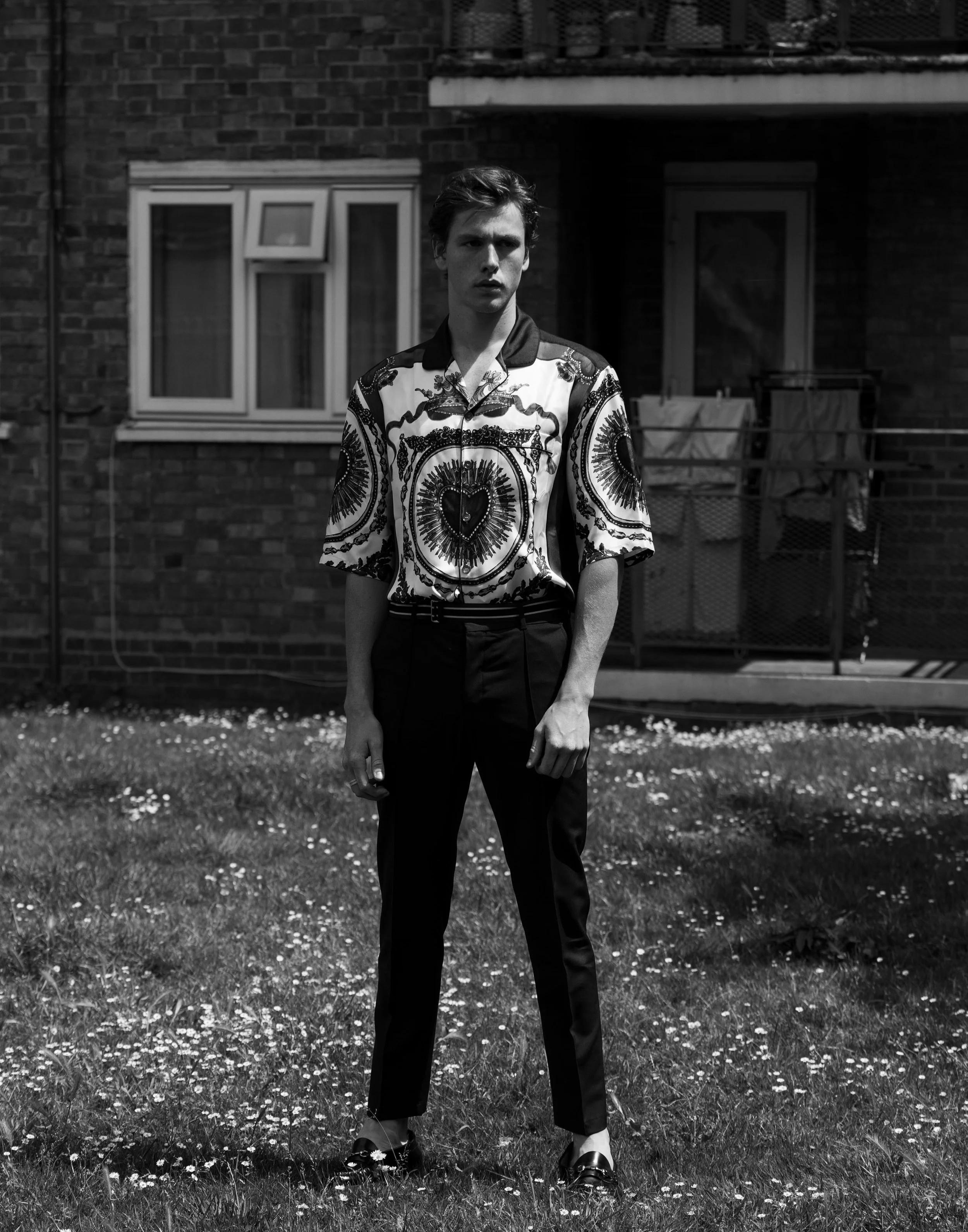 DOLCE & GABBANA shirt available at flannels.com, VALENTINO pants available at matchesfashion.com, and GH BASS shoes.