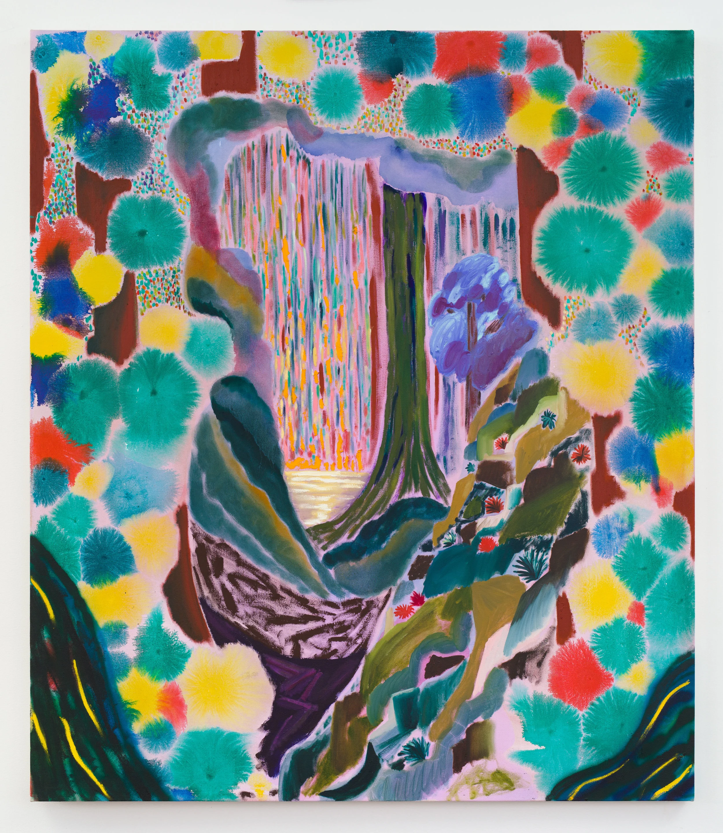 SHARA HUGHES. “PEEP SHOW” (2018). OIL, INK, AND ACRYLIC ON CANVAS. 58 X 50 INCHES. COURTESY THE ARTIST AND RACHEL UFFNER GALLERY