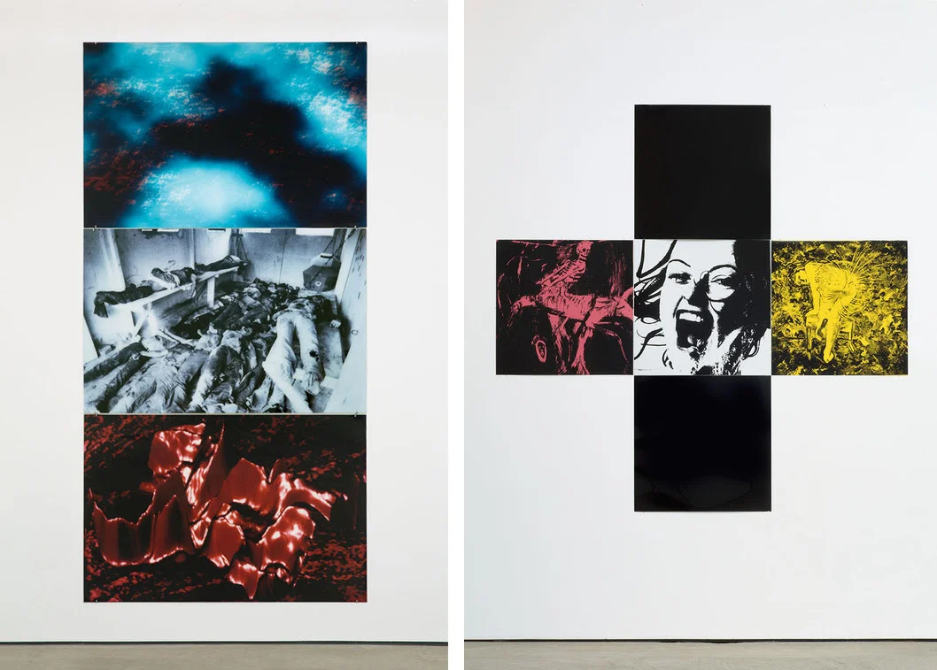 Left: Gretchen Bender, Untitled (Landscape, Computer Graphics, Death Squad) , 1987. Right: Gretchen Bender, Untitled (The Pleasure is Back) , 1982. Images courtesy of the Gretchen Bender Estate and OSMOS.