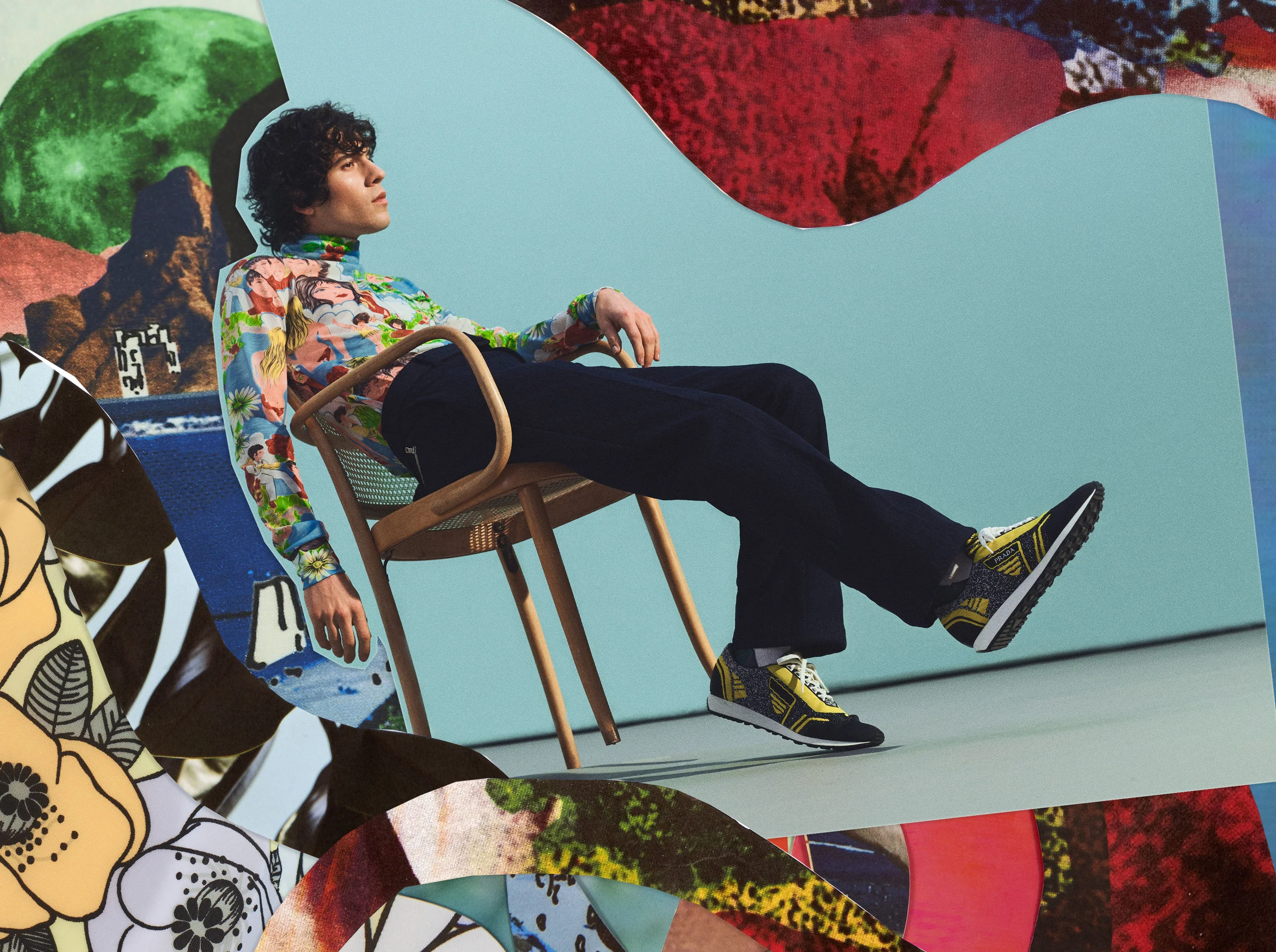 PRADA turtleneck, pants, socks, and shoes.